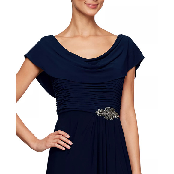 ALEX EVENINGS Women's Embellished-Waist Cowlneck Gown | NAVY | Size 12 - Picture 3 of 3